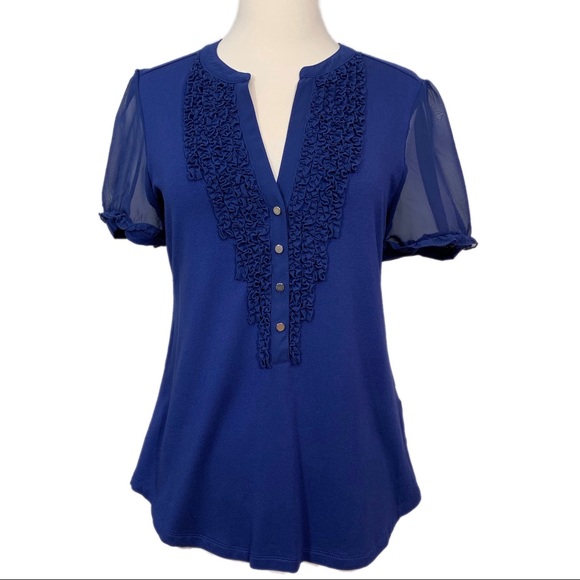 New York & Company Tops - New York & Co Stretch Blue Pintuck Ruffle Top M